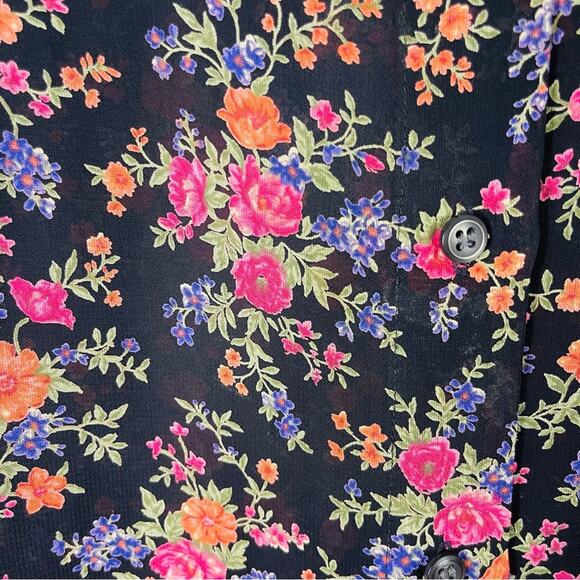 Vintage black pink orange floral chiffon button front blouse top large - Picture 4 of 6